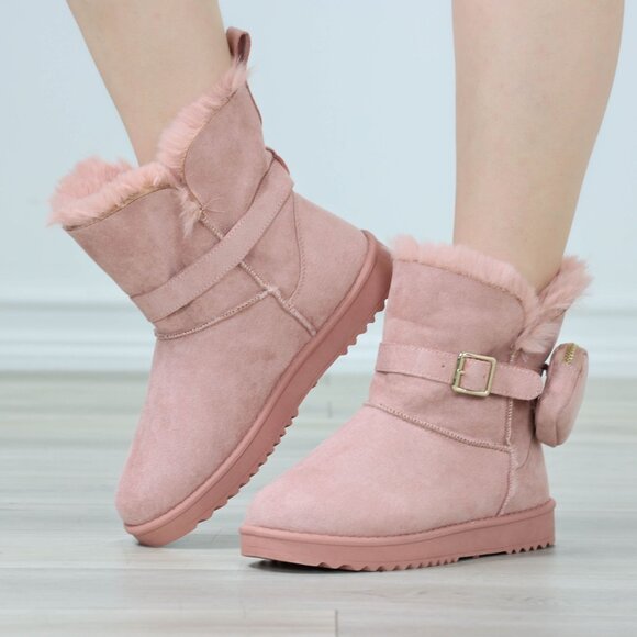Womens Warm Fuzzy Ankle Booties Super Cozy Fully Lined Faux Pink Suede Pocket - Picture 9 of 14